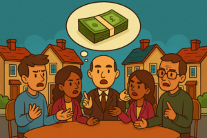 Cartoon of people debating with one thinking about money in a thought balloon