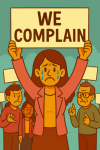 Cartoon of protestors one holding banner "We Complain"